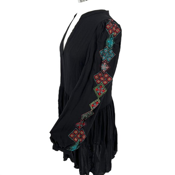 Desigual Ethnic Sleeve Embroidery Print Black Tiered Boho Dress Size Small - Picture 1 of 13